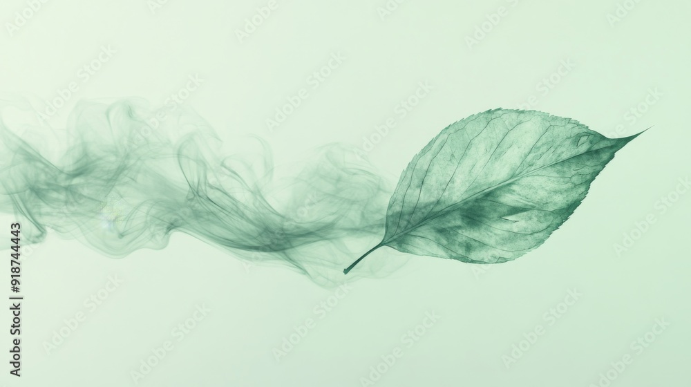 Obraz premium Misty Light Green Background with Abstract Gray Ink Leaf Design.
