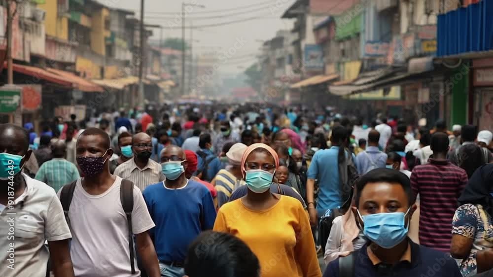 Crowd of people walking street wearing masks Crowd of people walking street wearing masks