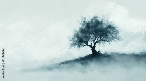 Misty Chinese Ink Tree. A Delicate Silhouette Emerges from Ruination on a Light Gray Field. photo