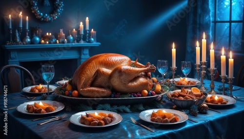 merry christmas background depicting a festive dining table set with holiday decorations, candles, and a large roast turkey, copy space to the side, cold blue neon color scheme, iridescent style, ai