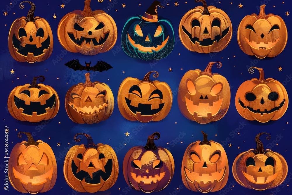 A collection of Halloween pumpkins with various scary expressions A collection of Halloween pumpkins with various scary expressions