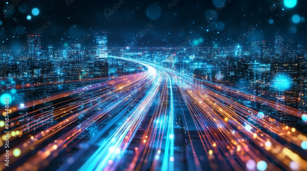 Nighttime Cityscape with Blue and White Data Stream Lights and Fast Moving Highway. Nighttime Cityscape with Blue and White Data Stream Lights and Fast Moving Highway.
