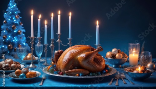 merry christmas background depicting a festive dining table set with holiday decorations, candles, and a large roast turkey, copy space to the side, cold blue neon color scheme, iridescent style, ai