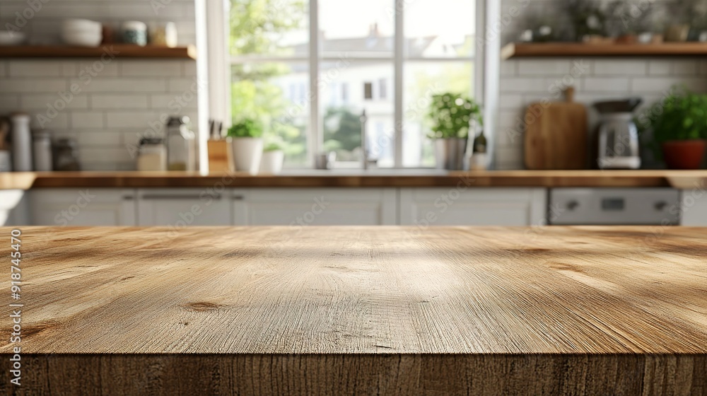 Wooden Tabletop in Front of Blurred Kitchen Background Wooden Tabletop in Front of Blurred Kitchen Background