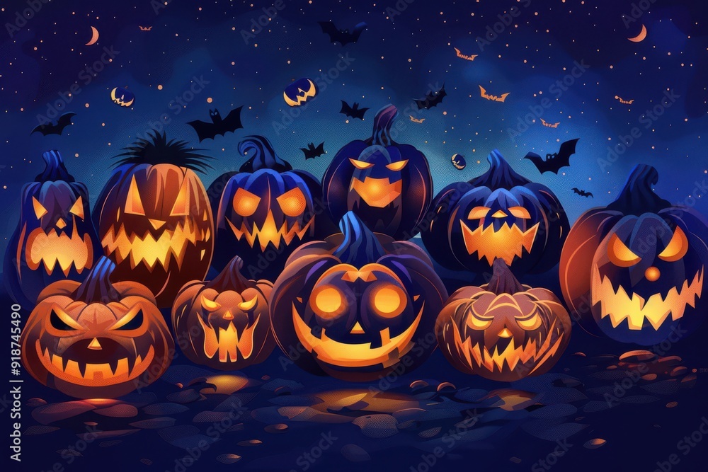 A collection of Halloween pumpkins with various scary expressions A collection of Halloween pumpkins with various scary expressions