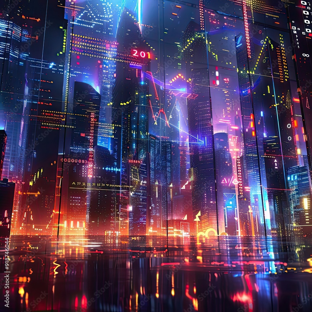 Fototapeta premium Futuristic digital cityscape with neon lights, data visualization, and technology interfaces, showcasing a modern, vibrant urban landscape.