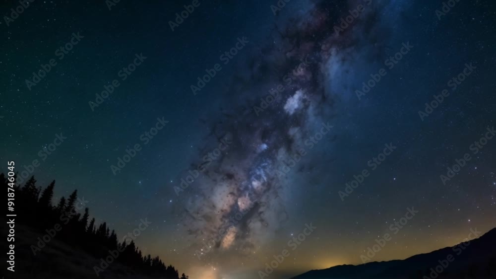 A simple yet detailed image of the Milky Way stretching across a clear night sky, with bright stars and a luminous band over silhouetted hills and tall trees, in rich indigo and violet tones. A simple yet detailed image of the Milky Way stretching across a clear night sky, with bright stars and a luminous band over silhouetted hills and tall trees, in rich indigo and violet tones.