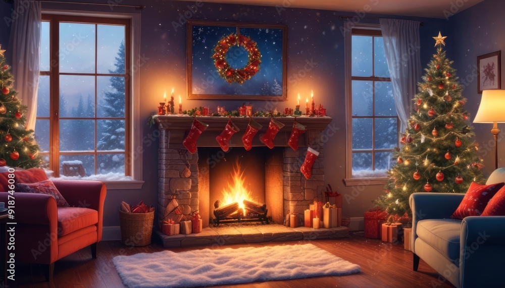 Fototapeta premium festive Christmas background with cozy living room view, burning fireplace, stockings hanging on the mantle, and large window showing falling snowflakes, copy space on the left, ai