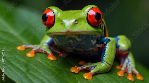 Red-eyed tree frog closeup on green leaves, Red-eyed tree frog (Agalychnis callidryas). Exotic animal of rain forest.