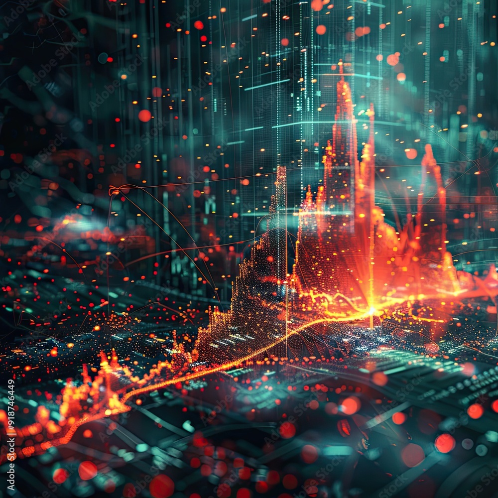 Futuristic digital data visualization with neon colors showcasing market trends and analytics in a dynamic abstract style. Futuristic digital data visualization with neon colors showcasing market trends and analytics in a dynamic abstract style.