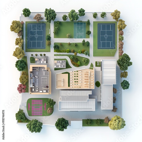 3D Render of a school with art rooms, a theater, and outdoor sports facilities, floor plan, on isolated white background