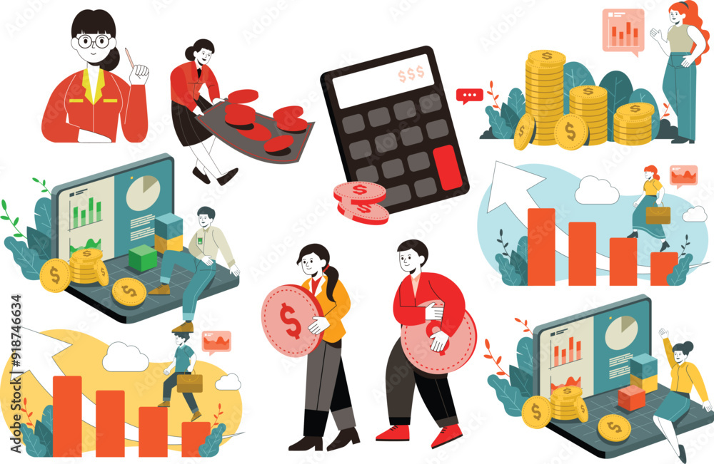 Obraz premium a collection of finance Tech with people and a pile of money.