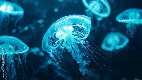 Bioluminescent jellyfish drift in dark ocean depths. Ethereal blue glow illuminates their translucent bodies. Graceful movements create a mesmerizing underwater ballet.	