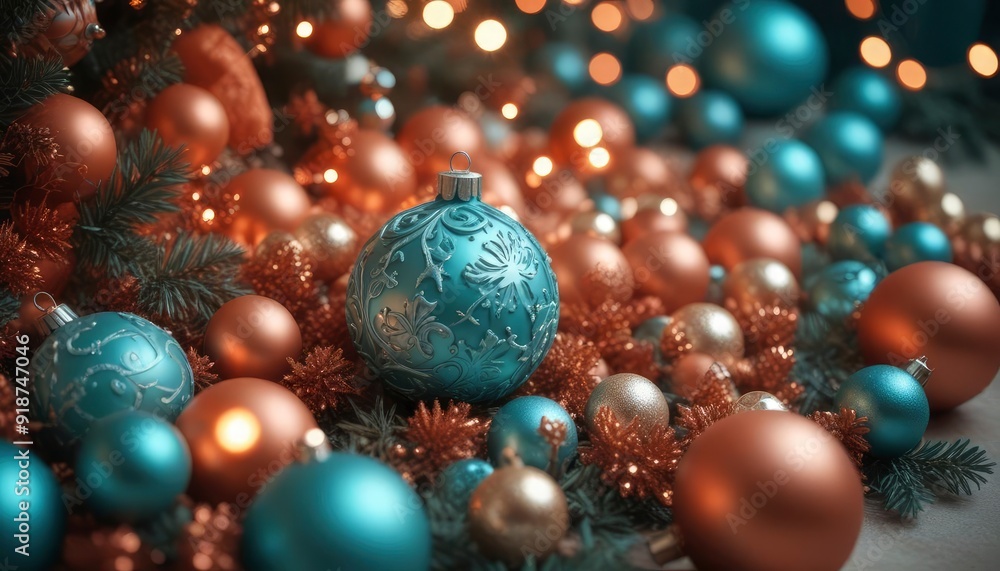 festive Christmas decorations, high detail, soft teal and terracotta color scheme, volumetric lighting, dimensional 3D illumination, ai festive Christmas decorations, high detail, soft teal and terracotta color scheme, volumetric lighting, dimensional 3D illumination, ai