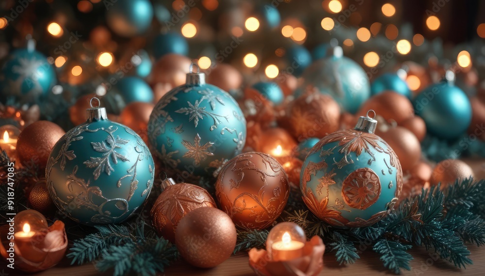 festive Christmas decorations, high detail, soft teal and terracotta color scheme, volumetric lighting, dimensional 3D illumination, ai festive Christmas decorations, high detail, soft teal and terracotta color scheme, volumetric lighting, dimensional 3D illumination, ai