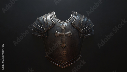 3D Rendered Medieval Chestplate with Cross Emblem on Dark Background photo