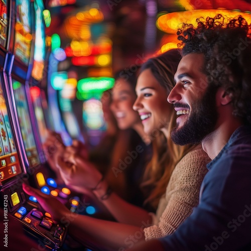 A group of friends enjoy a fun night out at the casino playing the slot machines