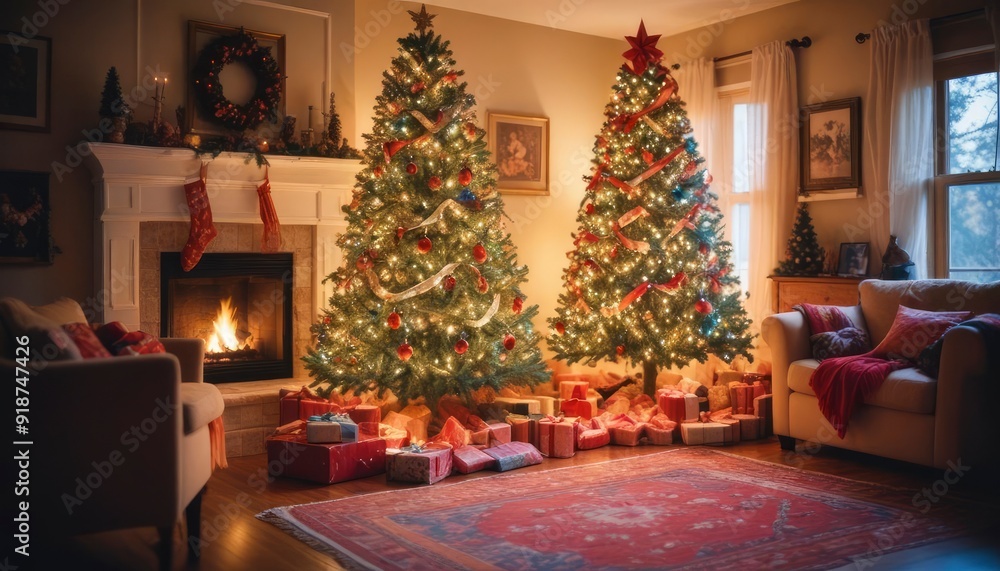 bright and cheerful Christmas living room decorated with colorful ribbons, big tree and cozy atmosphere, high detail, bright color palette, blurry, dim colors, ai bright and cheerful Christmas living room decorated with colorful ribbons, big tree and cozy atmosphere, high detail, bright color palette, blurry, dim colors, ai