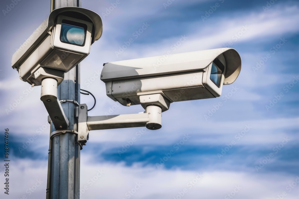 Modern Security Surveillance Cameras on Street Lamp Post with Blue Sky Background. Modern Security Surveillance Cameras on Street Lamp Post with Blue Sky Background.