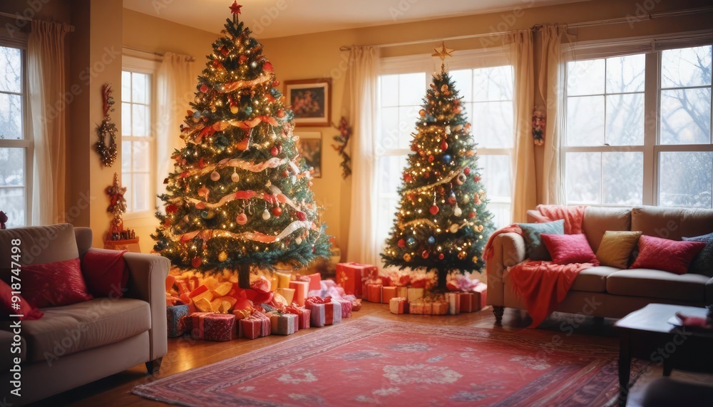 Fototapeta premium bright and cheerful Christmas living room decorated with colorful ribbons, big tree and cozy atmosphere, high detail, bright color palette, blurry, dim colors, ai