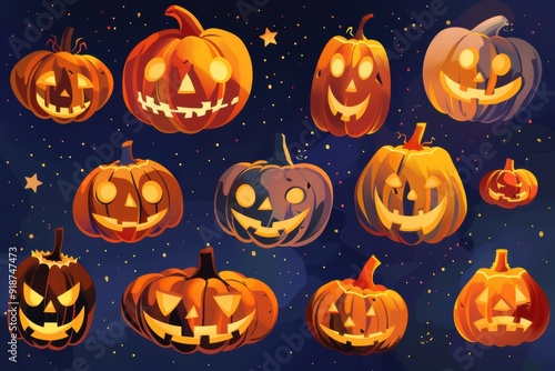 A collection of Halloween pumpkins with various scary expressions