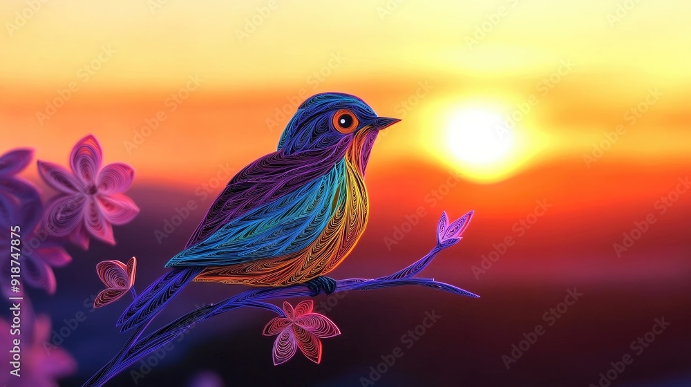 A Detailed Bird Silhouette at Sunset with Floral Accents A Detailed Bird Silhouette at Sunset with Floral Accents