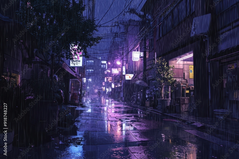 Rainy streets with reflections. Neon lights glowing in the distance, cozy vibe, Generative AI Rainy streets with reflections. Neon lights glowing in the distance, cozy vibe, Generative AI