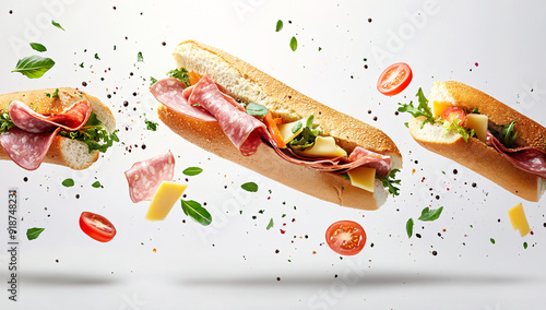 Baguette sandwich with ham and cheese flying in the air
