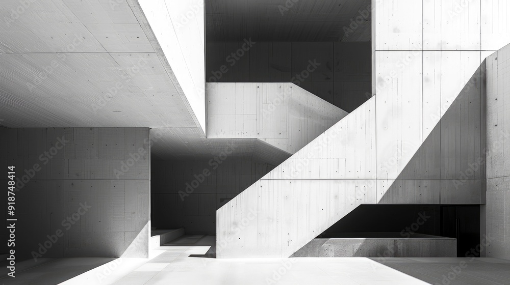 Minimalist white concrete building with geometric cutouts and shadows Minimalist white concrete building with geometric cutouts and shadows