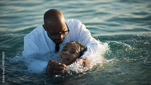 African American priest performing baptism in ocean's embrace.