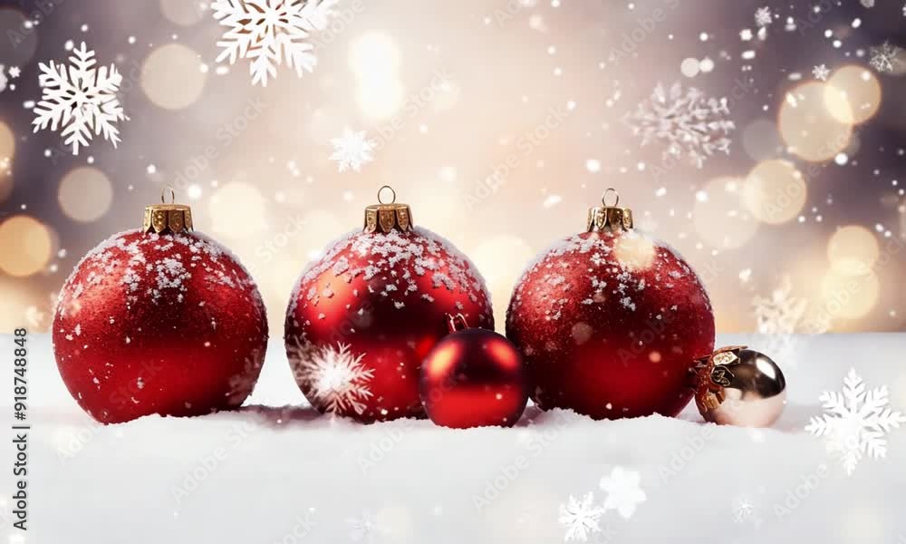 Four red Christmas ornaments are dusted with snow and set against a soft-focus background with snowflakes Four red Christmas ornaments are dusted with snow and set against a soft-focus background with snowflakes