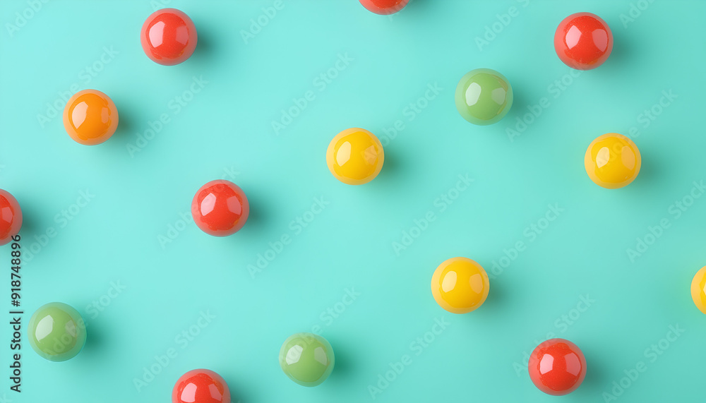 Illustration of colorful candy balls on a turquoise background, flat lay. Minimal concept with top view and space for text or design. A flat lay showcasing abstract color backdrop and mockup