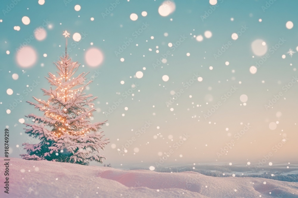 merry christmas background featuring a snow-covered landscape with a decorated pine tree on the left, twinkling fairy lights, and a clear blue sky, ample copy space on the right, ai merry christmas background featuring a snow-covered landscape with a decorated pine tree on the left, twinkling fairy lights, and a clear blue sky, ample copy space on the right, ai