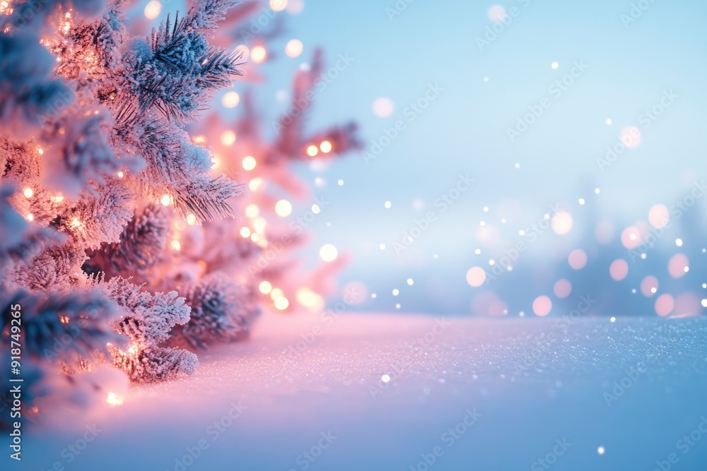 merry christmas background featuring a snow-covered landscape with a decorated pine tree on the left, twinkling fairy lights, and a clear blue sky, ample copy space on the right, ai merry christmas background featuring a snow-covered landscape with a decorated pine tree on the left, twinkling fairy lights, and a clear blue sky, ample copy space on the right, ai