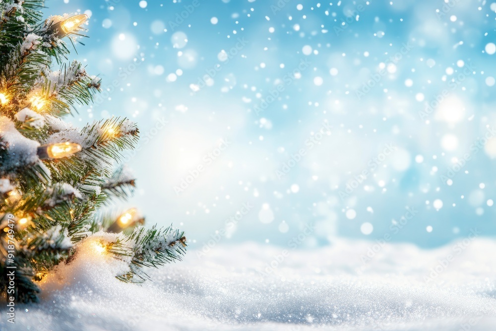 merry christmas background featuring a snow-covered landscape with a decorated pine tree on the left, twinkling fairy lights, and a clear blue sky, ample copy space on the right, dramatic dutch, ai merry christmas background featuring a snow-covered landscape with a decorated pine tree on the left, twinkling fairy lights, and a clear blue sky, ample copy space on the right, dramatic dutch, ai