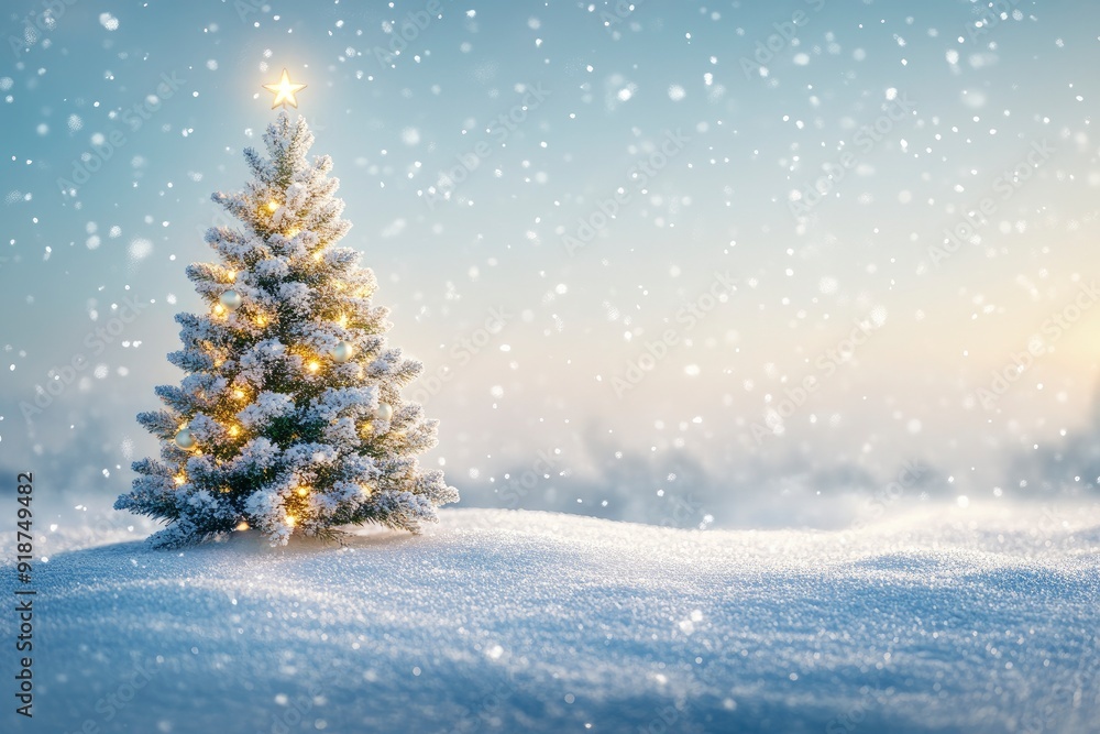 merry christmas background featuring a snow-covered landscape with a decorated pine tree on the left, twinkling fairy lights, and a clear blue sky, ample copy space on the right, dramatic dutch, ai merry christmas background featuring a snow-covered landscape with a decorated pine tree on the left, twinkling fairy lights, and a clear blue sky, ample copy space on the right, dramatic dutch, ai