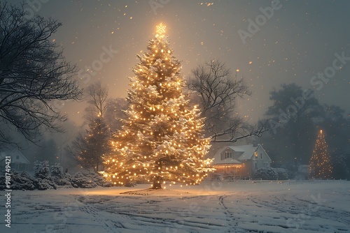 Night shot of a Christmas tree lit up in a snowy yard captured using longexposure photography to enhance the lights and create a serene atmosphere