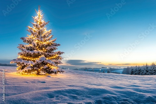 merry christmas background featuring a snow-covered landscape with a decorated pine tree on the left, twinkling fairy lights, and a clear blue sky, ample copy space on the right, dramatic dutch, ai