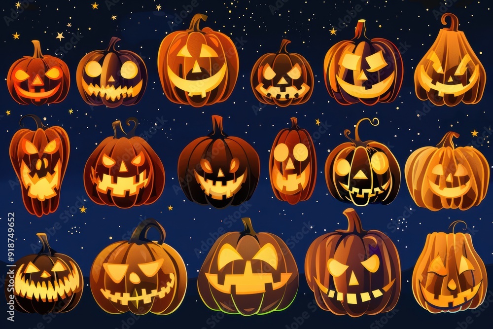 A collection of Halloween pumpkins with various scary expressions A collection of Halloween pumpkins with various scary expressions