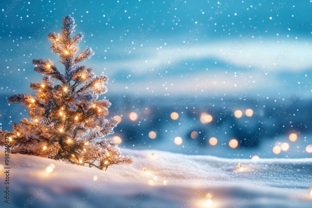 merry christmas background featuring a snow-covered landscape with a decorated pine tree on the left, twinkling fairy lights, and a clear blue sky, ample copy space on the right, dramatic dutch, ai merry christmas background featuring a snow-covered landscape with a decorated pine tree on the left, twinkling fairy lights, and a clear blue sky, ample copy space on the right, dramatic dutch, ai