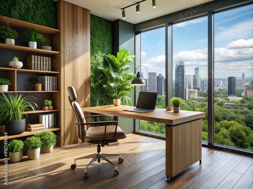 Contemporary minimalist workspace features a wooden desk, ergonomic chair, and sleek laptop, surrounded by greenery, accent walls, and large windows with a cityscape view. photo