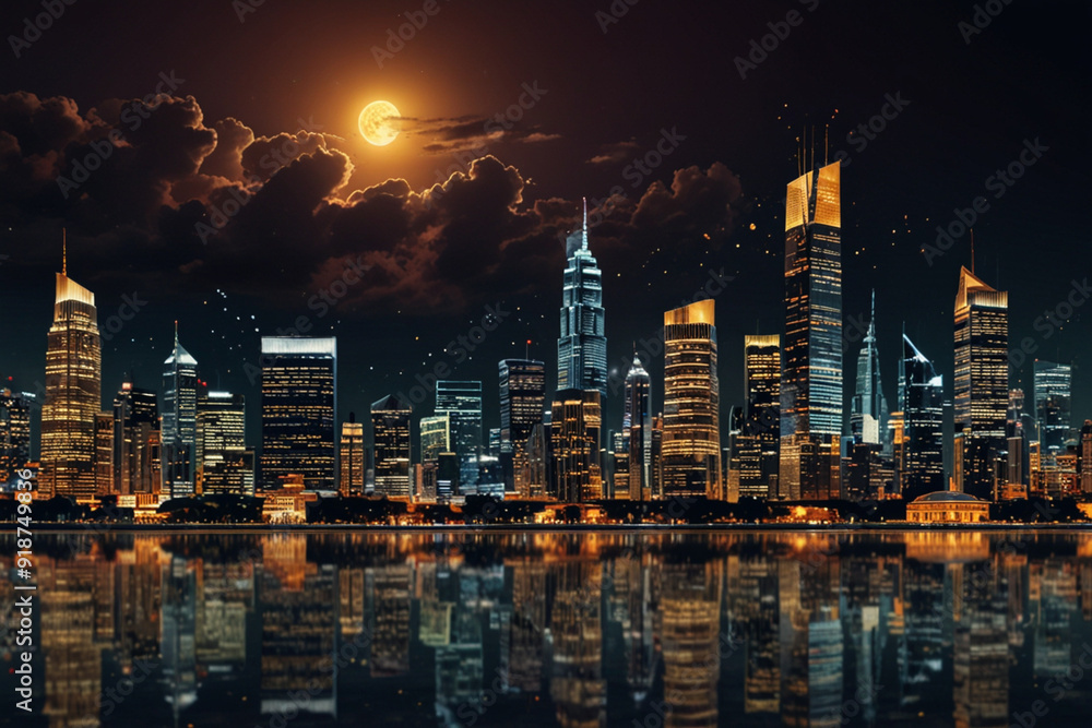 Naklejka premium City skyline at night | City Background | Finance | Money | Economy 