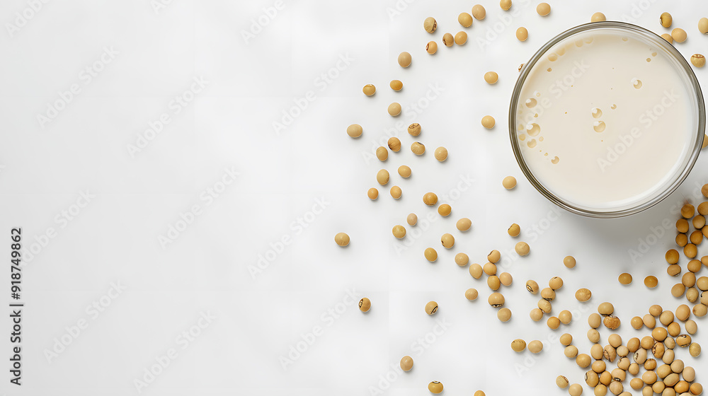 Soy Milk in Bowl with Scattered Soybeans on White Background Soy Milk in Bowl with Scattered Soybeans on White Background