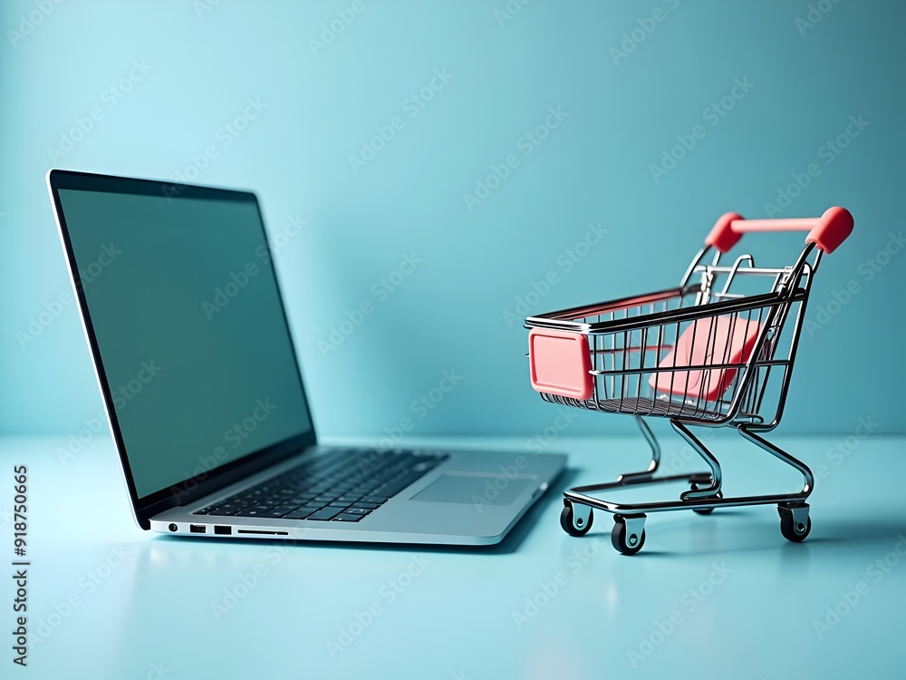 Laptop and shopping car on light blue background online shopping e-commerce online payment purchase Laptop and shopping car on light blue background online shopping e-commerce online payment purchase