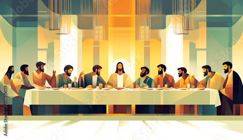 Art Deco illustration of the Last Supper with disciples.