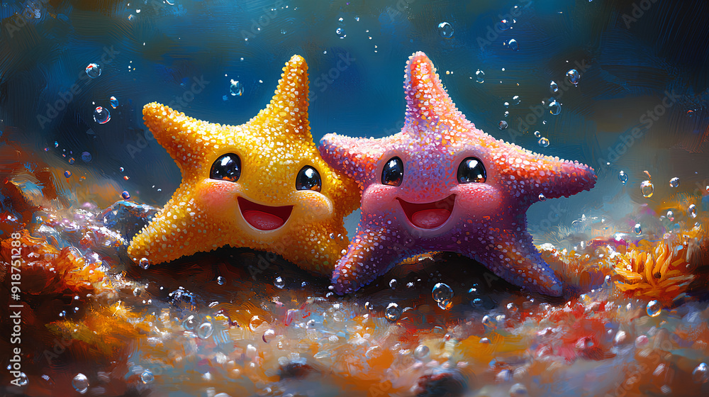 Illustration of cute two baby starfish print sea background Illustration of cute two baby starfish print sea background