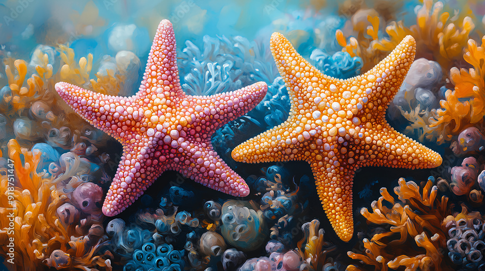 Illustration of two colored starfish print Illustration of two colored starfish print