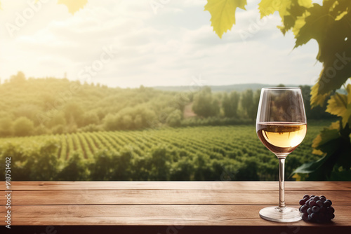 Wallpaper Mural Wood Table with a Glass of Wine in Vineyard Landscape, copy space, empty space Torontodigital.ca