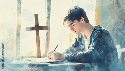 Young man writing at desk, old cross in sunlight.