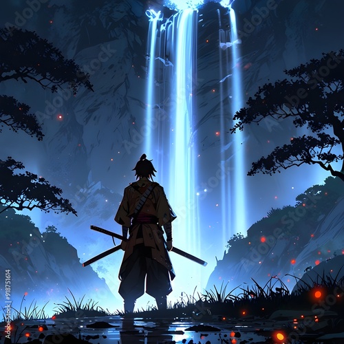 Samurai warrior is  standing on the hill anime style  photo